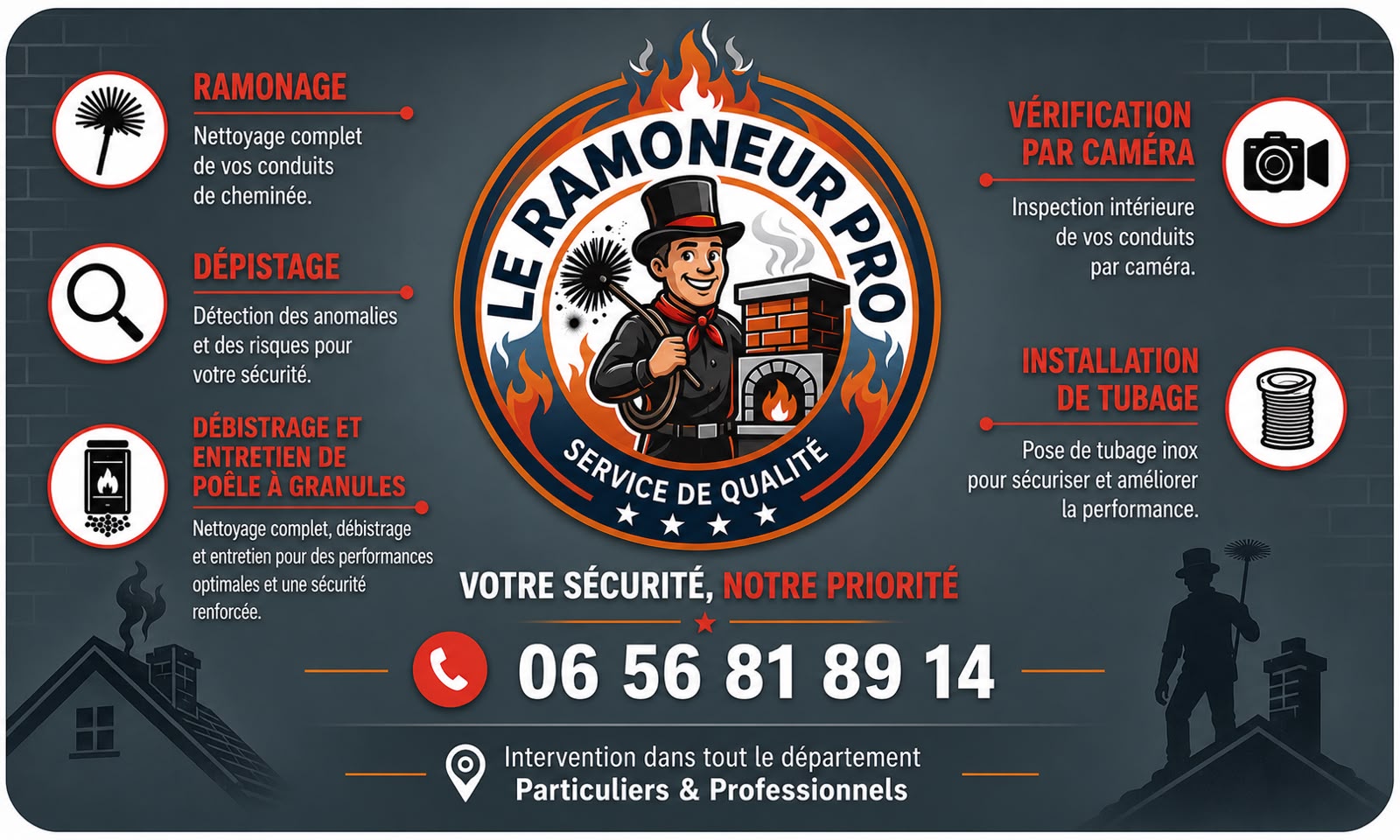 Services Le Ramoneur Pro : ramonage, dépistage, débistrage, vérification caméra, tubage